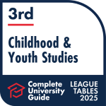 A badge from the Complete University Guide 2025 showing 3rd place for Childhood and Youth Studies at the University of Suffolk