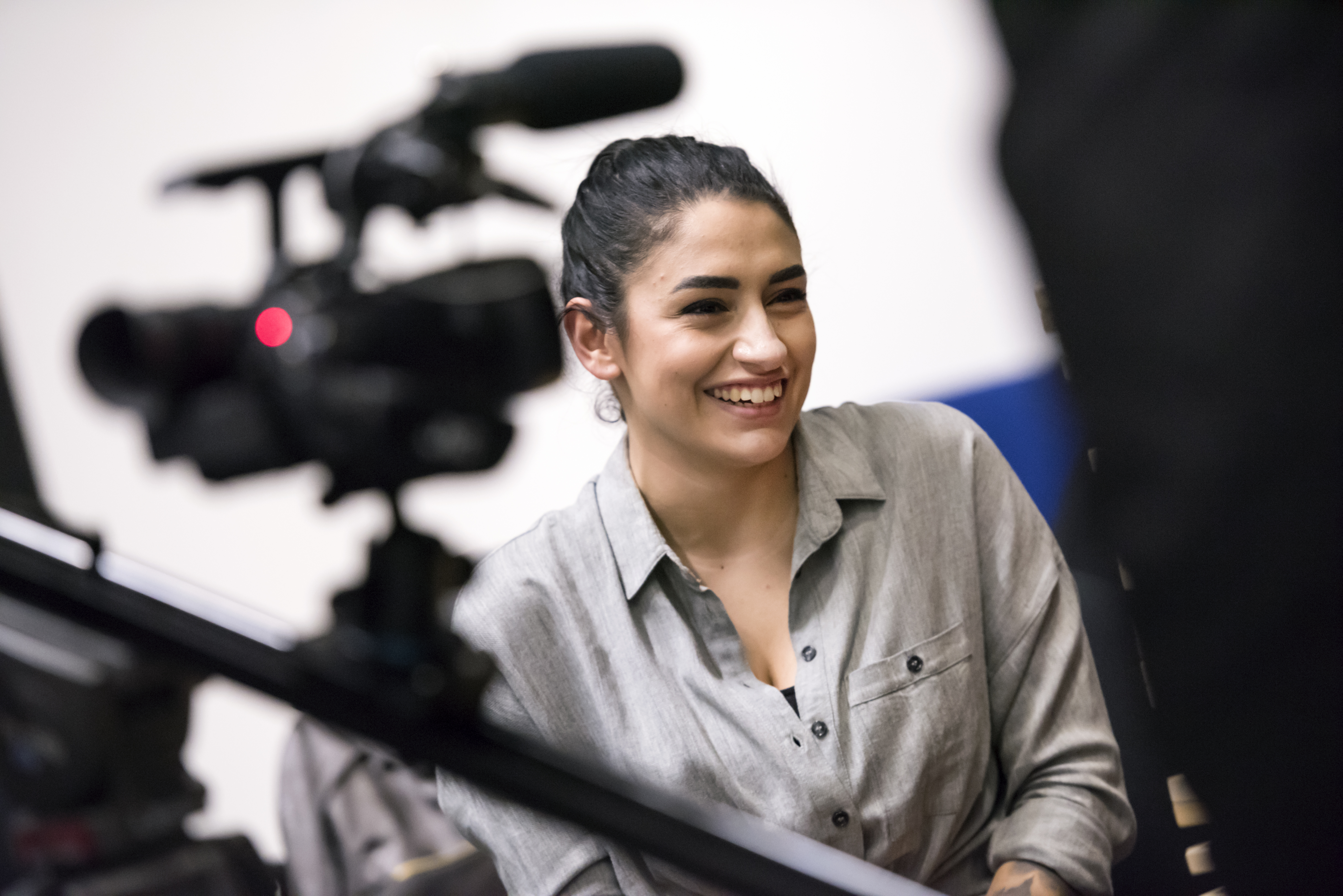 Close-up of a student being filmed